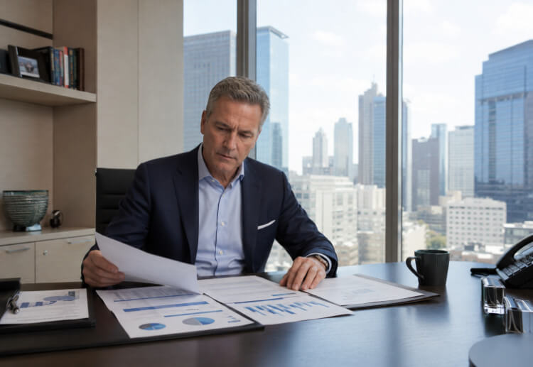 Real estate investor reviewing building plans on site