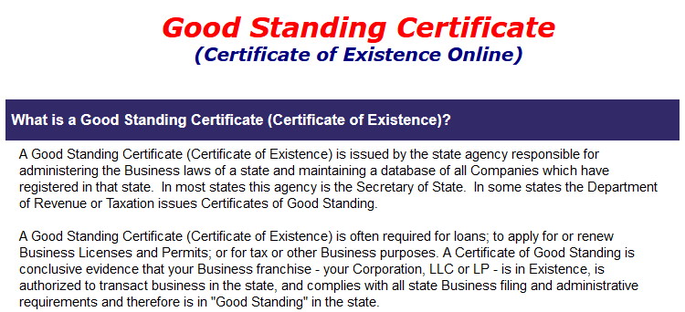 Good Standing Certificate