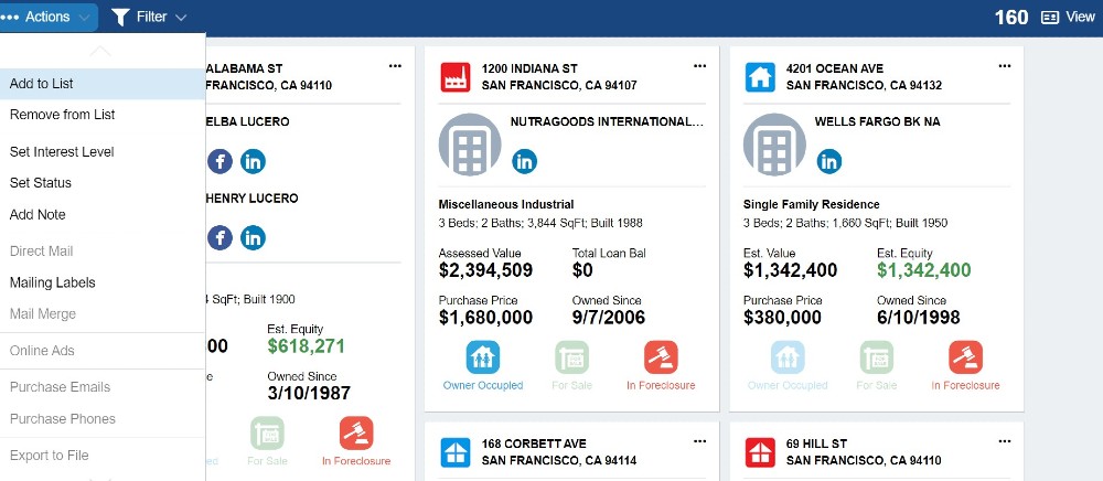 PropertyRadar - list actions - mailing