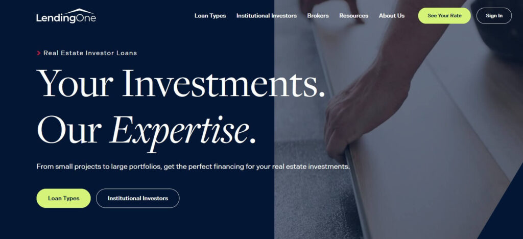 LendingOne homepage promoting real estate investor financing with call-to-action buttons to speak with a lender or get approved today