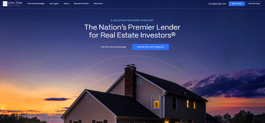 Lima One Capital homepage highlighting real estate investor lending with construction imagery and a call-to-action to get started